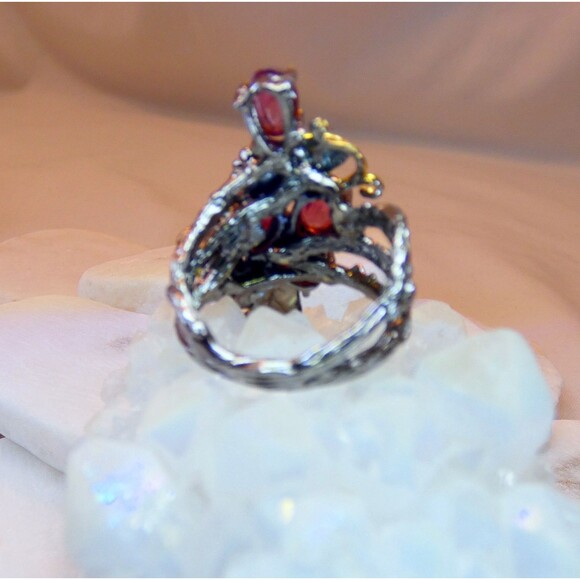 Natural Pink Tourmaline Emerald Oxidized Sterling Silver Ring Vine Botanical - Picture 4 of 7